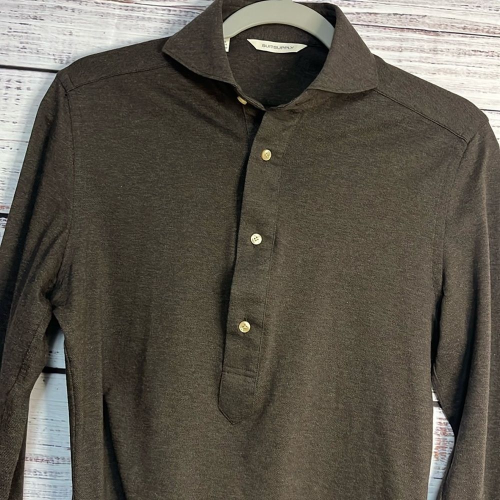 Suitsupply Long Sleeve Polo Mens 13.5/14 Neck Extra Slim Fit Casual Cotton Brown